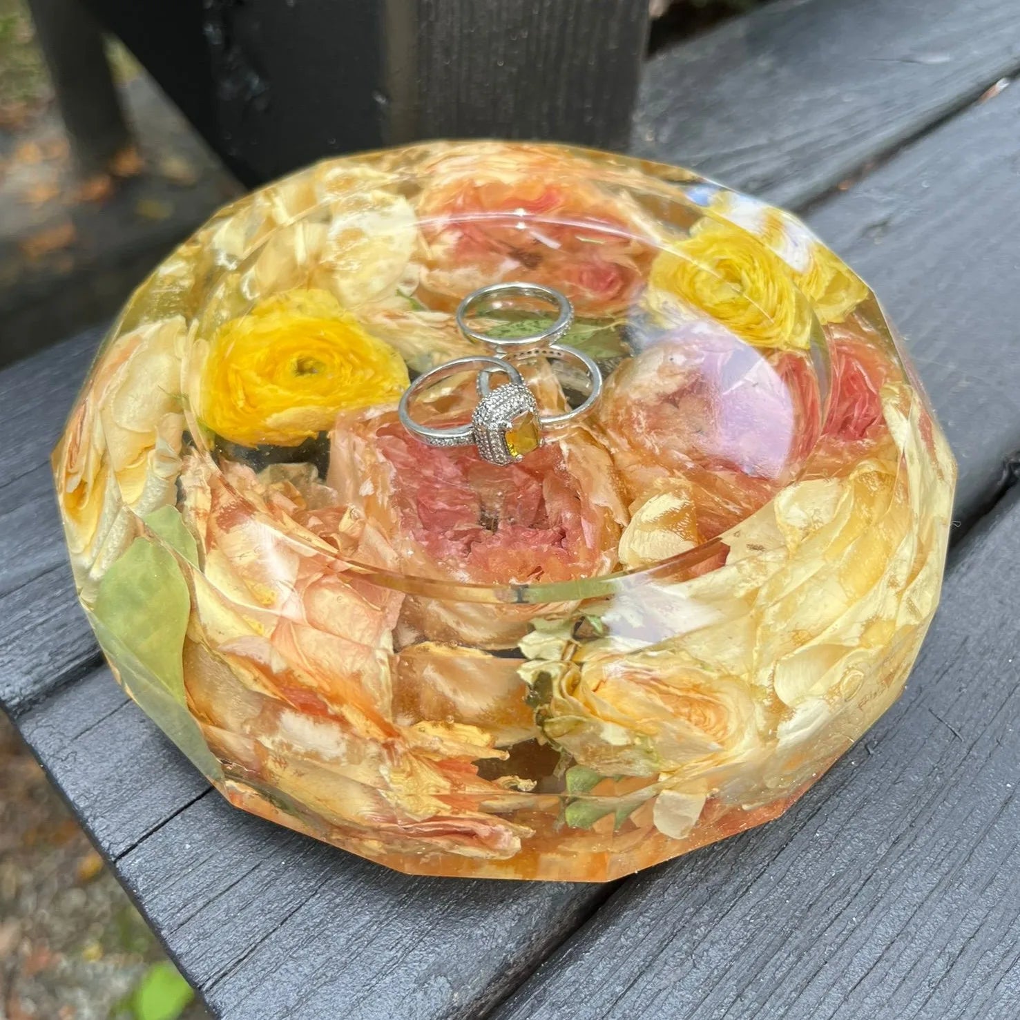 Resin Floral Preservation Trinket Dish holding small jewelry items with custom wedding bouquet fragments.