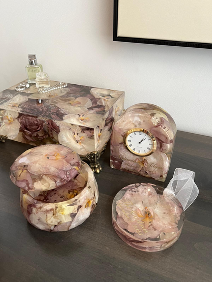 Resin Floral Preservation Arch Clock functioning as a functional timepiece with custom preserved wedding flowers.