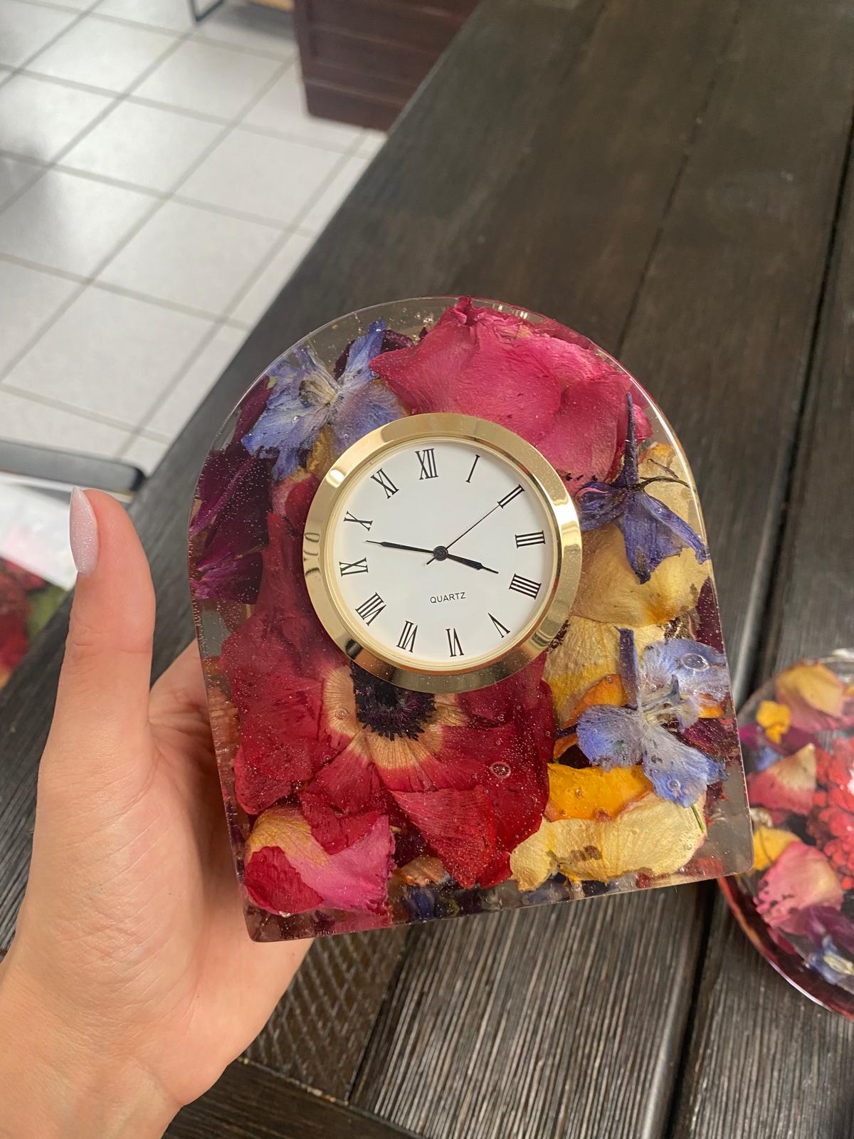 Resin Floral Preservation Arch Clock functioning as a functional timepiece with custom preserved wedding flowers.