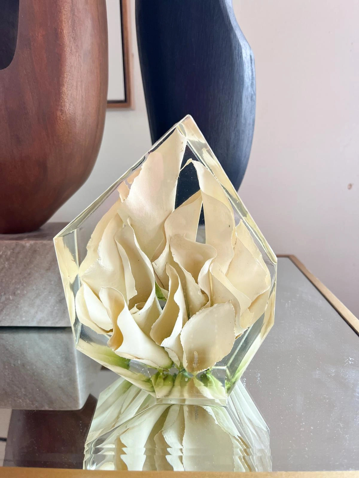 Multifaceted Resin Floral Preservation Block featuring a custom wedding bouquet preserved in crystal-clear resin for home decor.