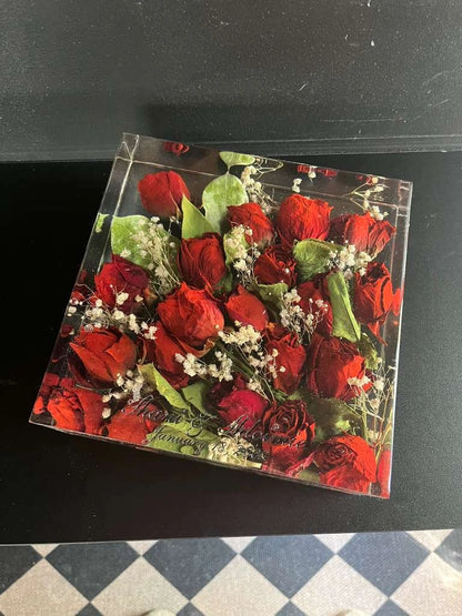 Classic Square Resin Floral Preservation Block capturing a lush wedding bouquet in crystal clear resin.