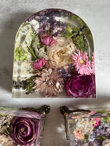 Modern Resin Floral Preservation Arch Block displaying custom preserved wedding flowers for a mantle or shelf.