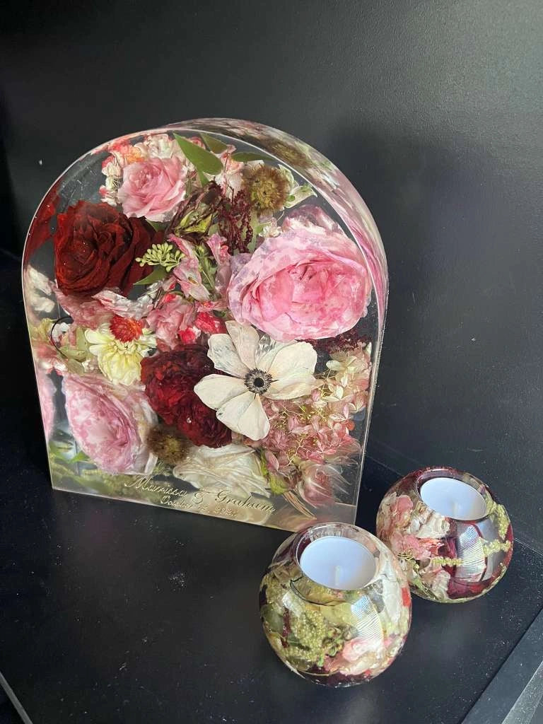 Modern Resin Floral Preservation Arch Block displaying custom preserved wedding flowers for a mantle or shelf.
