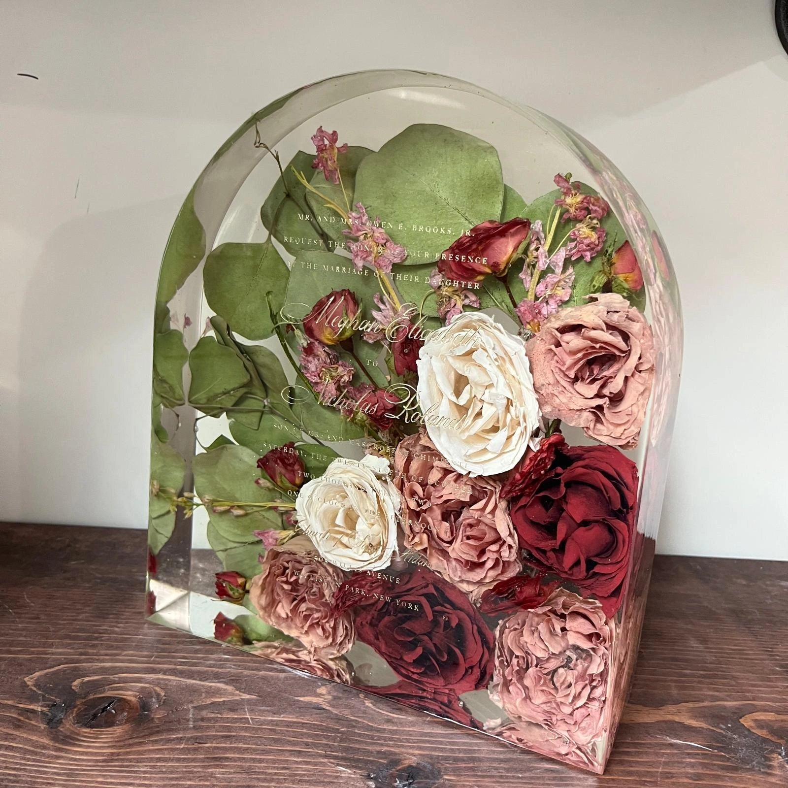 Modern Resin Floral Preservation Arch Block displaying custom preserved wedding flowers for a mantle or shelf.
