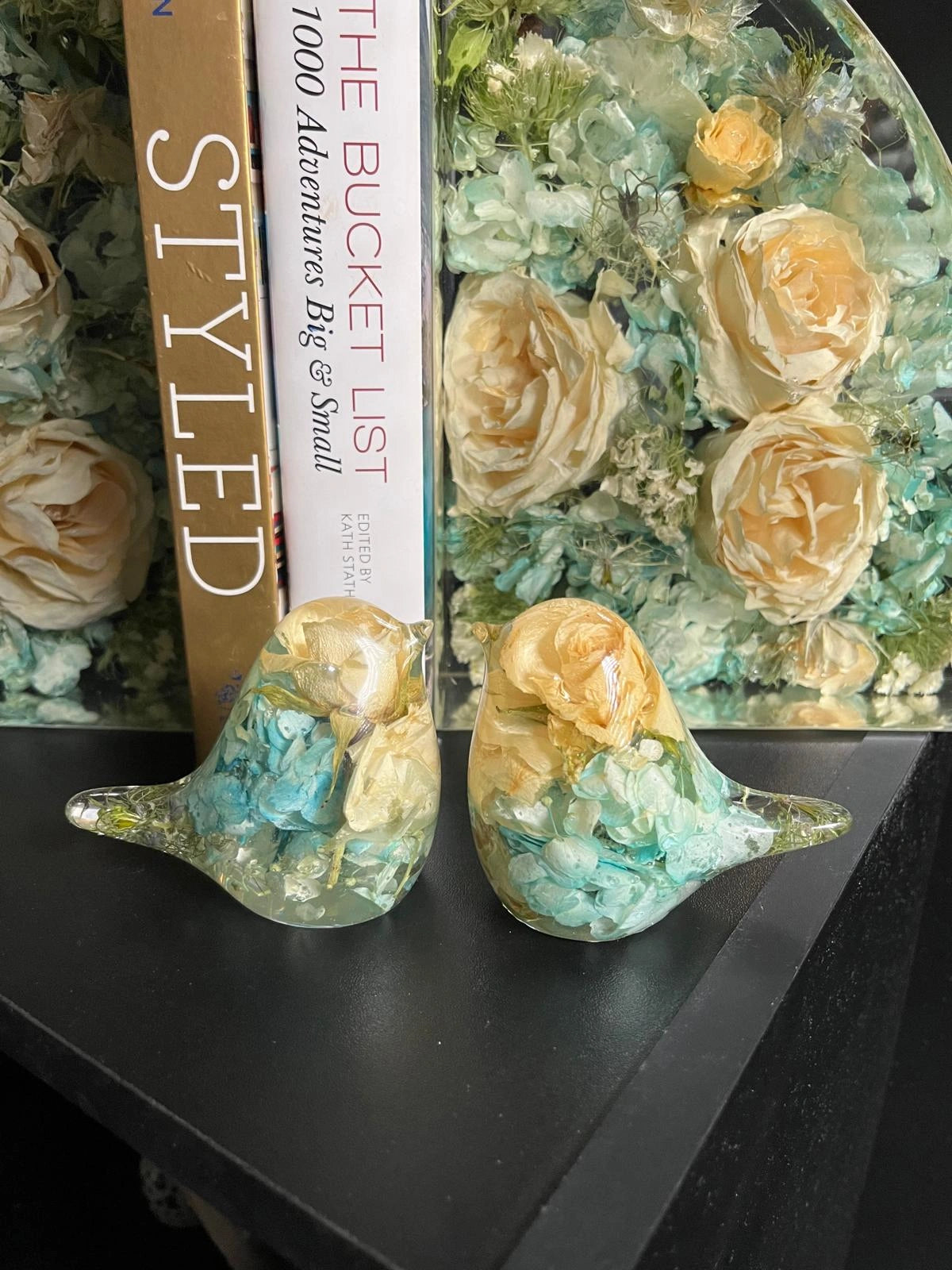 Custom Resin Floral Preservation Bird figurine handcrafted with real wedding bouquet flowers.