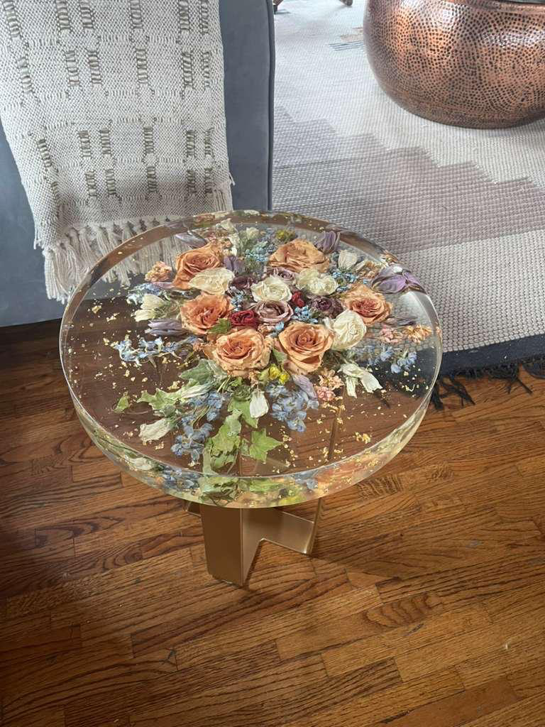 Resin Floral Preservation Side Table with metal legs showcasing custom preserved wedding flowers for living room decor.