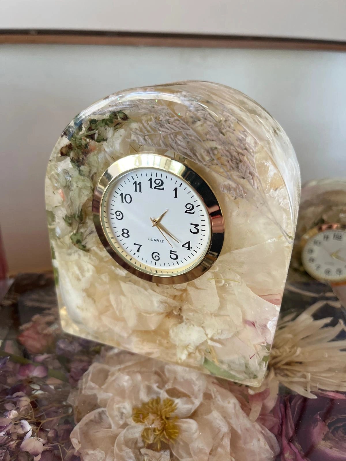 Resin Floral Preservation Arch Clock functioning as a functional timepiece with custom preserved wedding flowers.