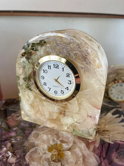 Resin Floral Preservation Arch Clock functioning as a functional timepiece with custom preserved wedding flowers.