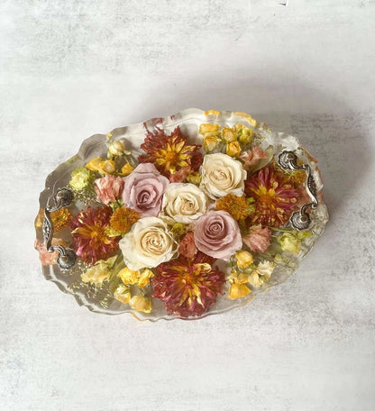 Resin Floral Preservation Display Tray with handles showing preserved wedding bouquet fragments for coffee table styling.