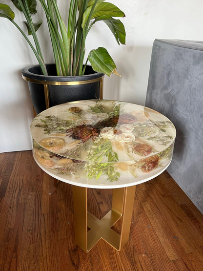 Resin Floral Preservation Side Table with metal legs showcasing custom preserved wedding flowers for living room decor.
