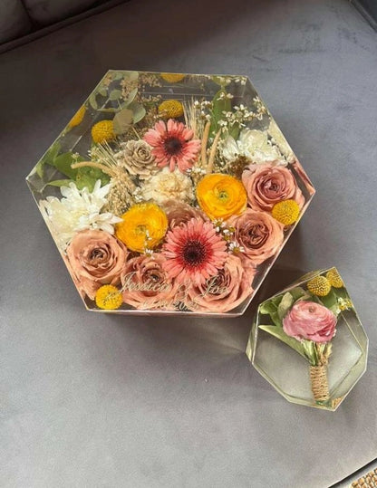 Multifaceted Resin Floral Preservation Block featuring a custom wedding bouquet preserved in crystal-clear resin for home decor.