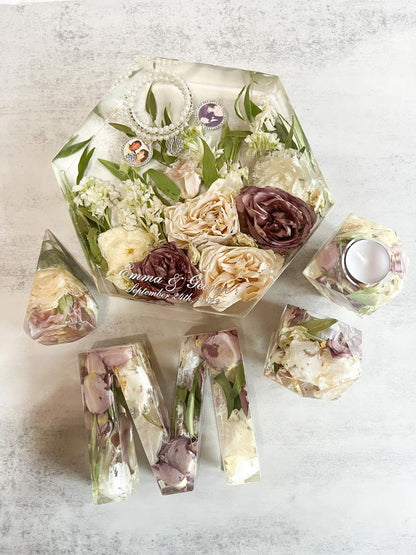 Geometric Hexagon Resin Floral Preservation Block displaying a vibrant custom wedding bouquet from all angles.