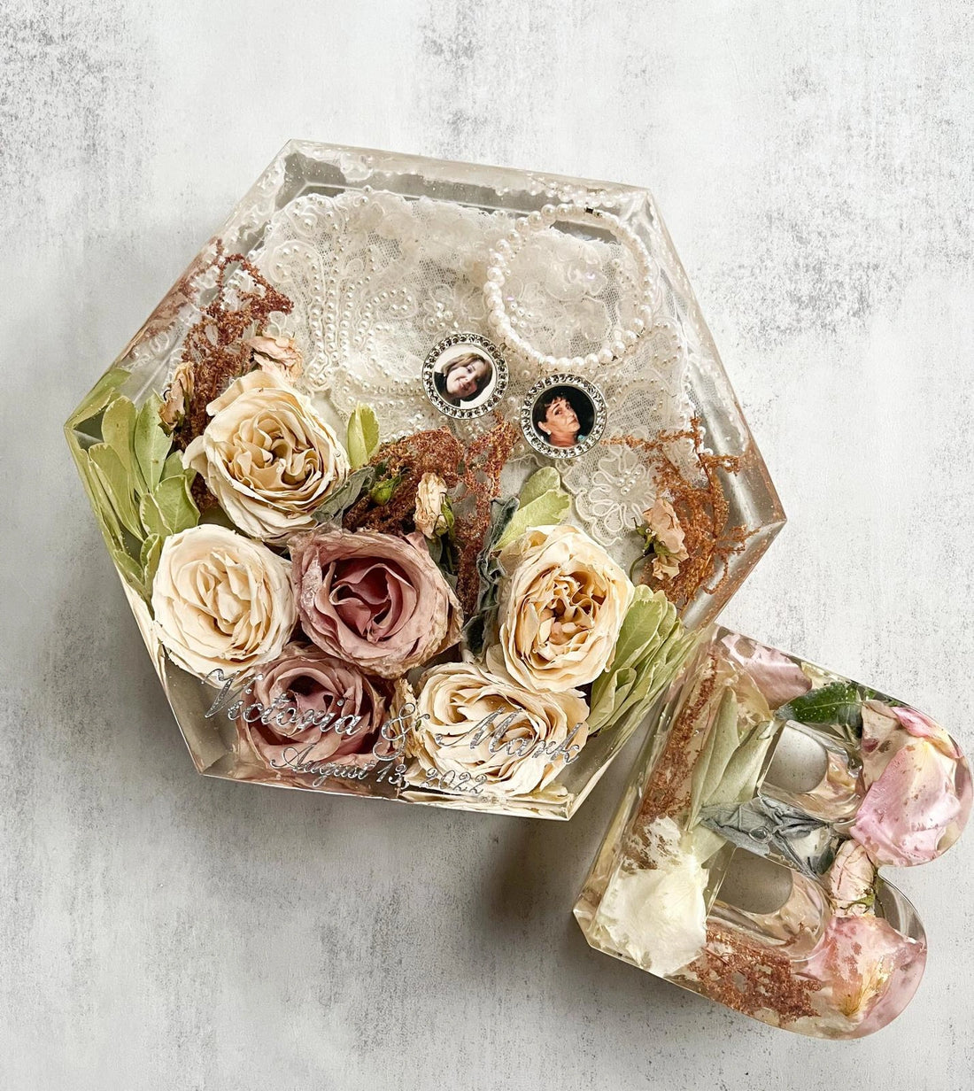 Geometric Hexagon Resin Floral Preservation Block displaying a vibrant custom wedding bouquet from all angles.

