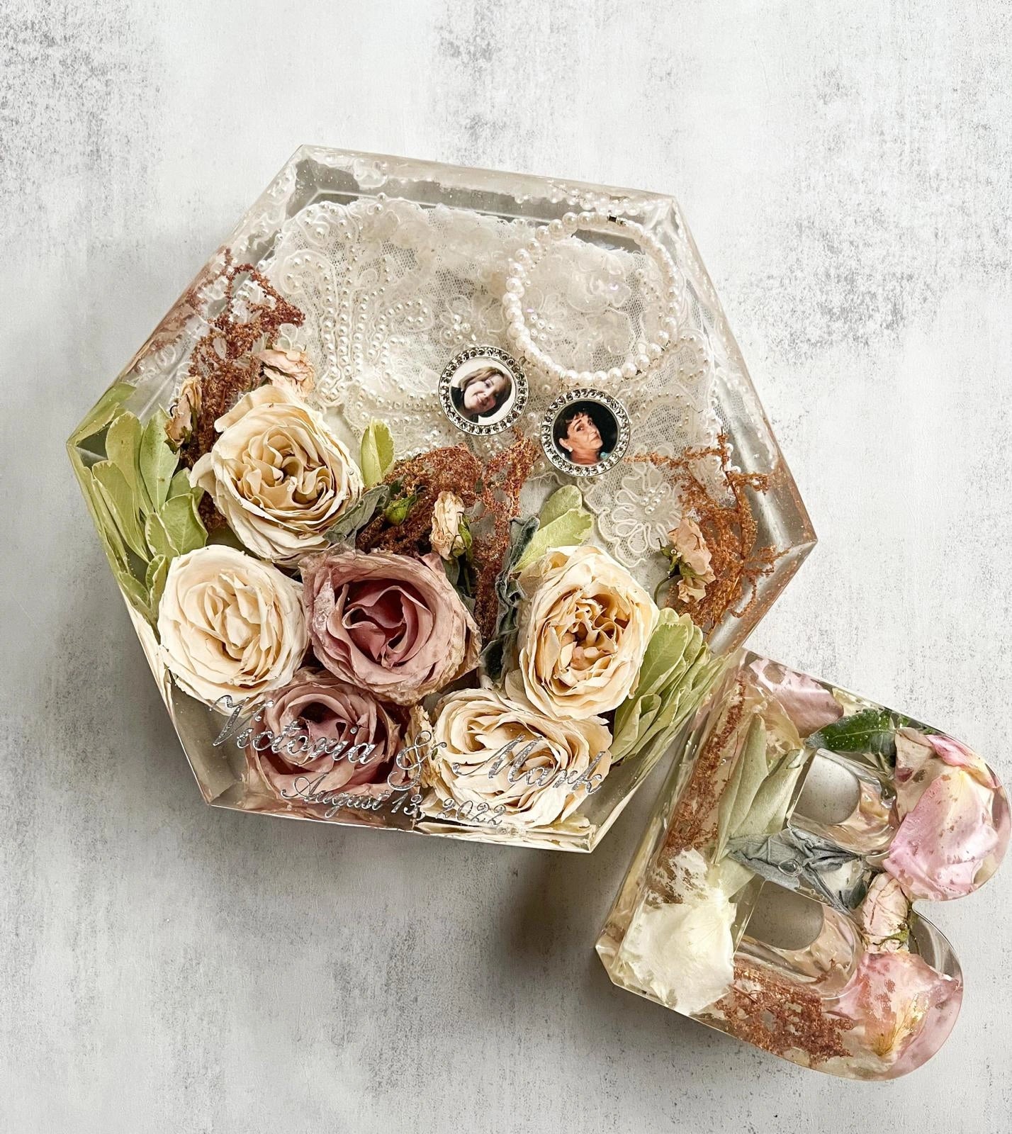 Geometric Hexagon Resin Floral Preservation Block displaying a vibrant custom wedding bouquet from all angles.
