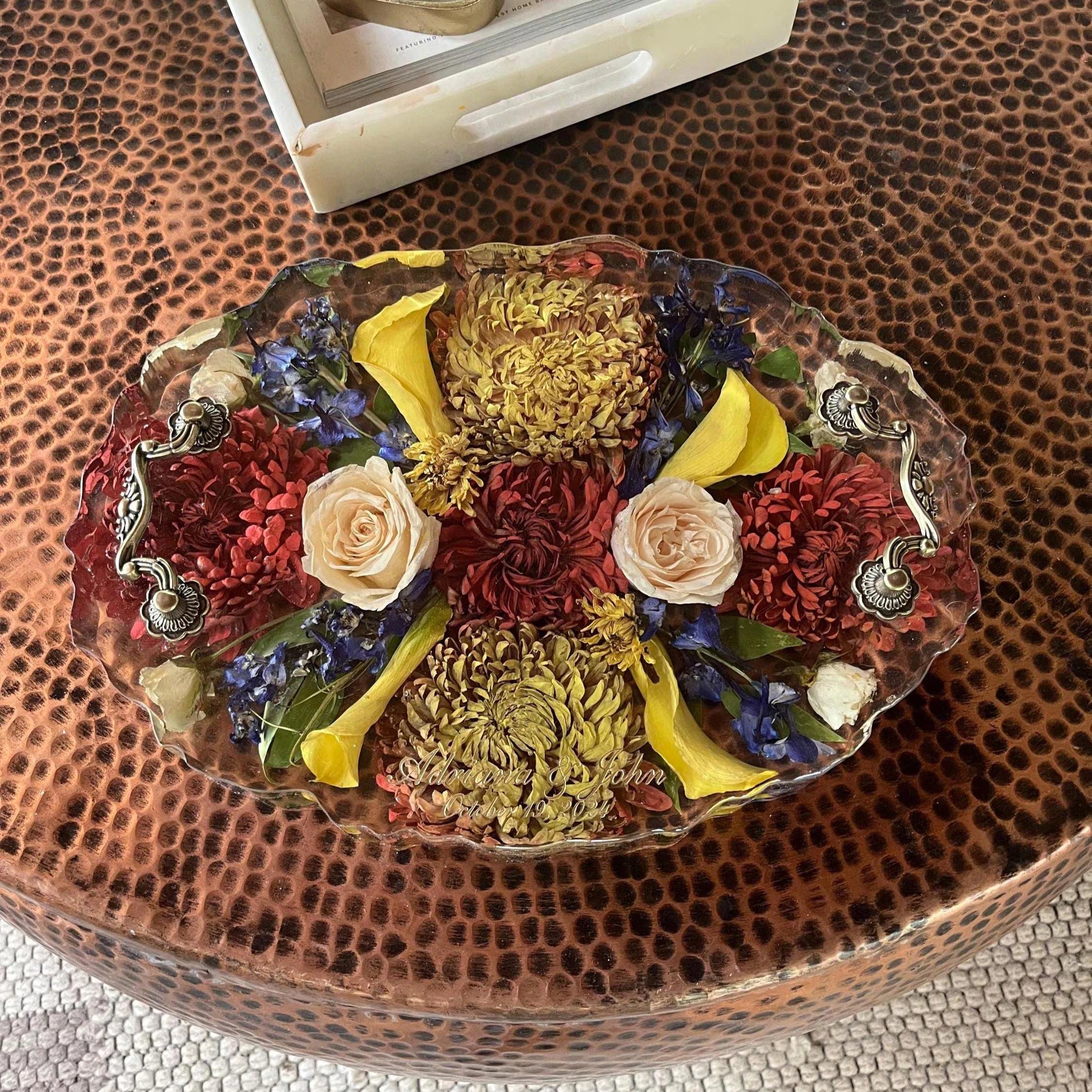 Resin Floral Preservation Display Tray with handles showing preserved wedding bouquet fragments for coffee table styling.