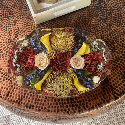 Resin Floral Preservation Display Tray with handles showing preserved wedding bouquet fragments for coffee table styling.