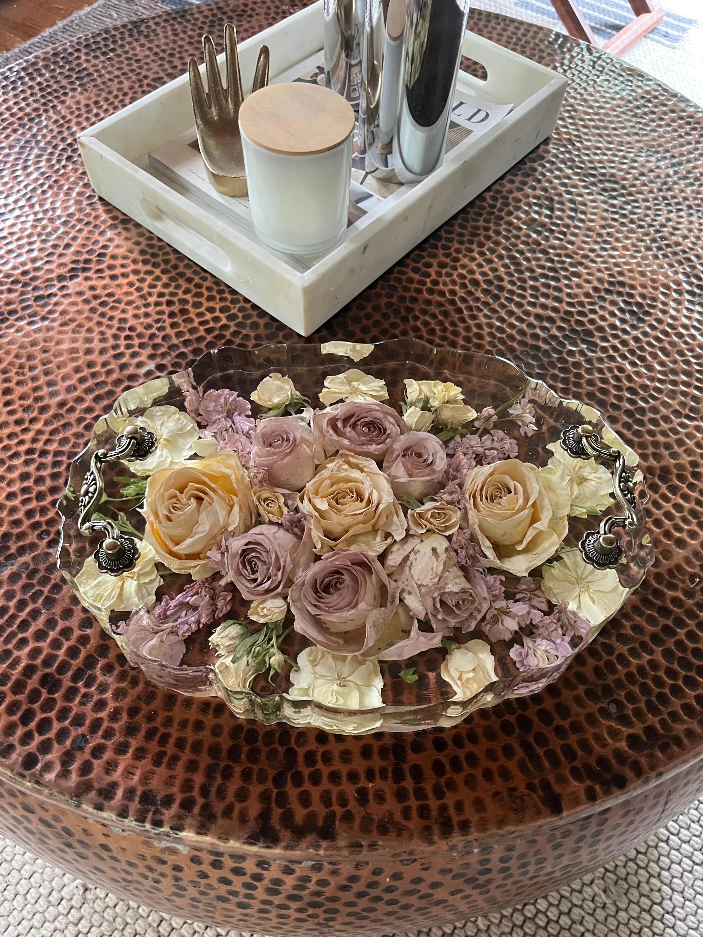 Resin Floral Preservation Display Tray with handles showing preserved wedding bouquet fragments for coffee table styling.