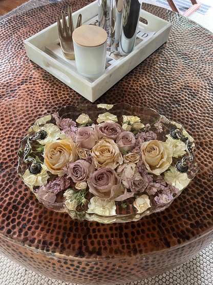 Resin Floral Preservation Display Tray with handles showing preserved wedding bouquet fragments for coffee table styling.