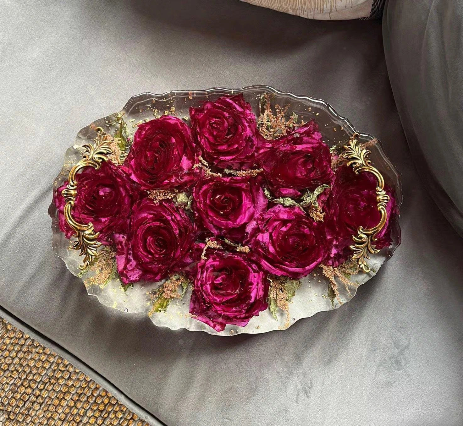 Resin Floral Preservation Display Tray with handles showing preserved wedding bouquet fragments for coffee table styling.