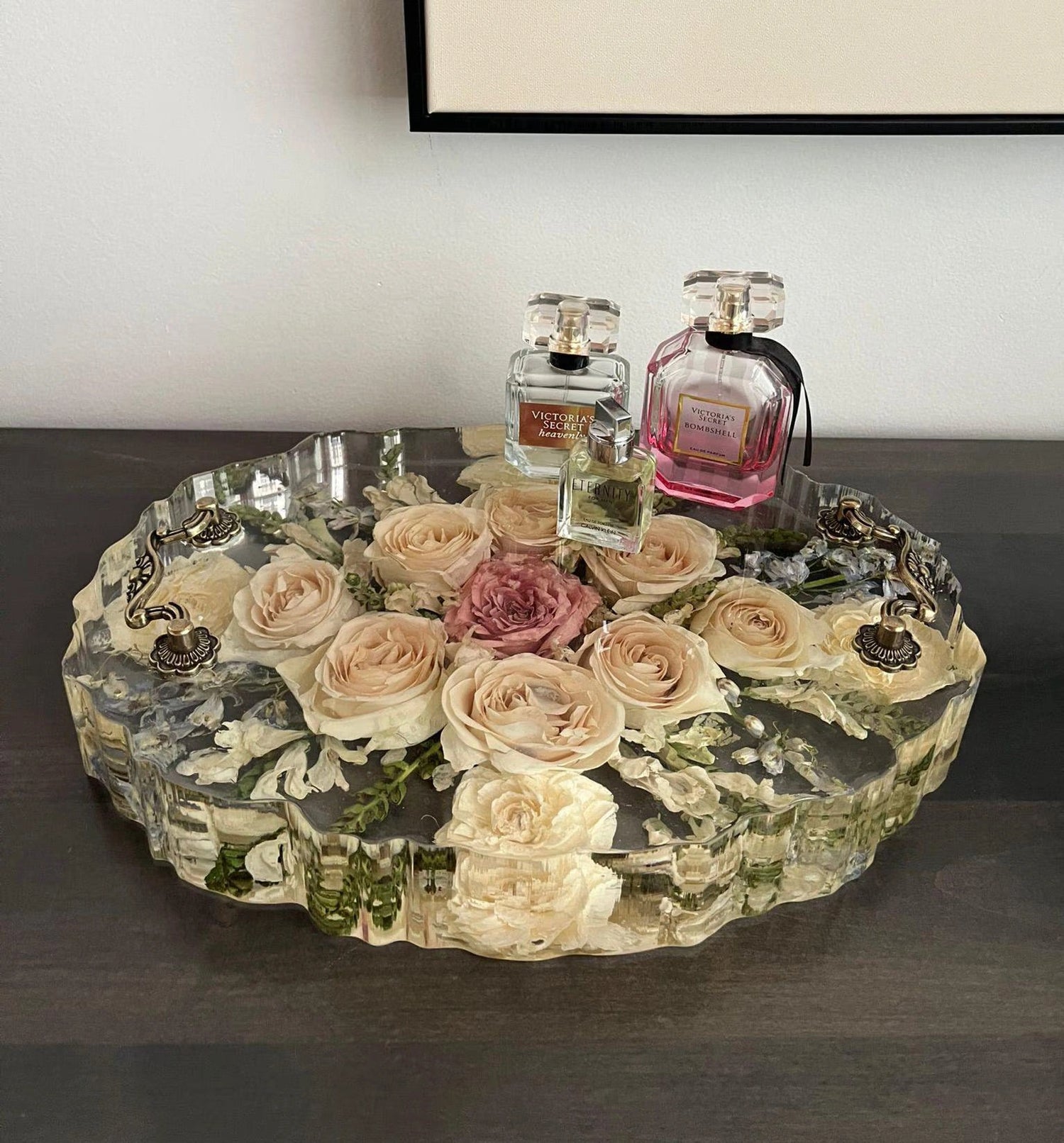 Resin Floral Preservation Display Tray with handles showing preserved wedding bouquet fragments for coffee table styling.