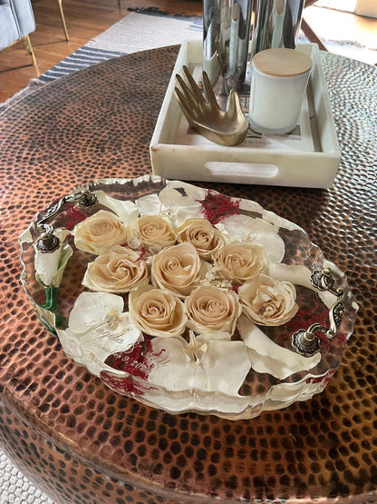 Resin Floral Preservation Display Tray with handles showing preserved wedding bouquet fragments for coffee table styling.