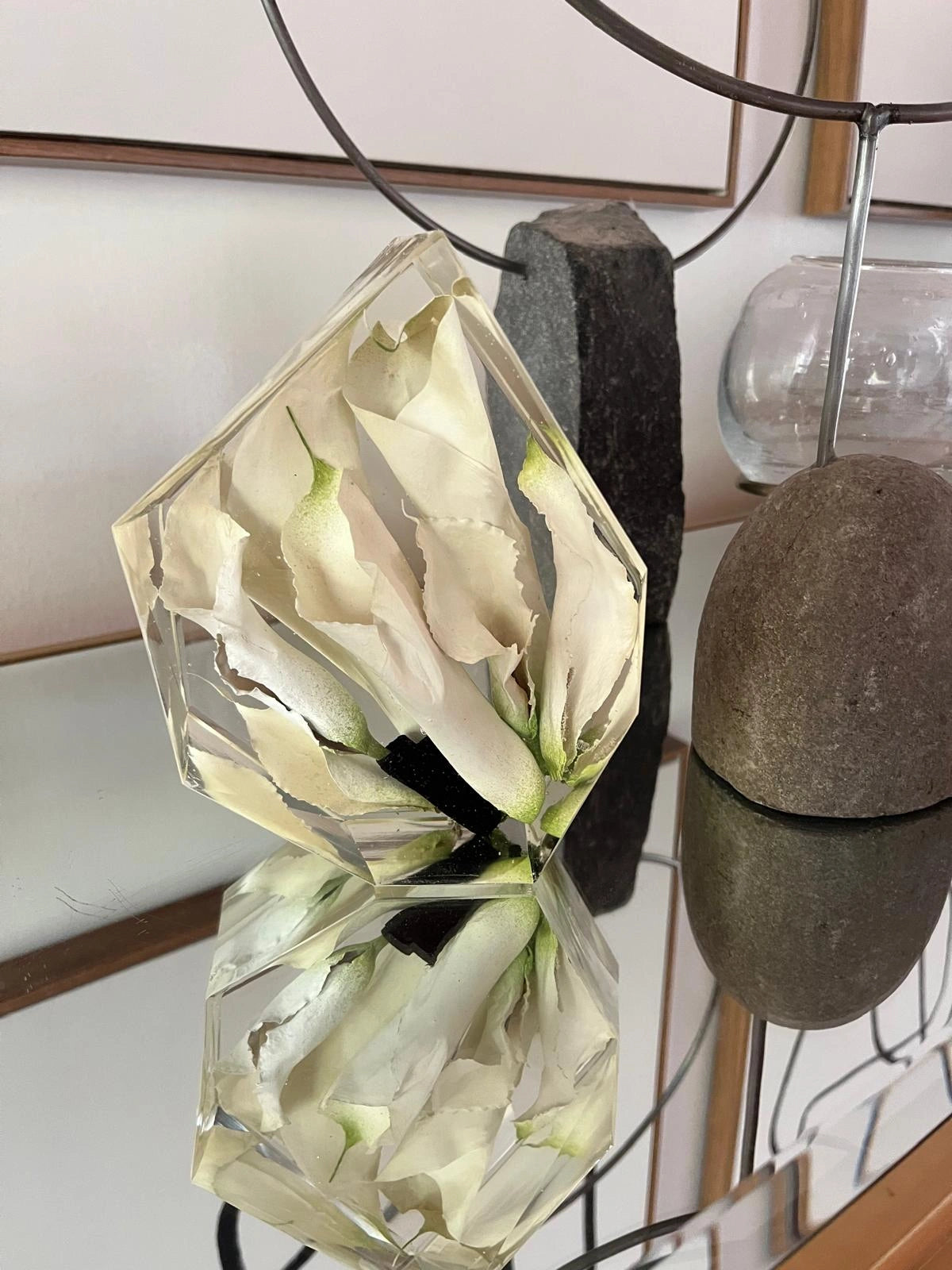 Multifaceted Resin Floral Preservation Block featuring a custom wedding bouquet preserved in crystal-clear resin for home decor.