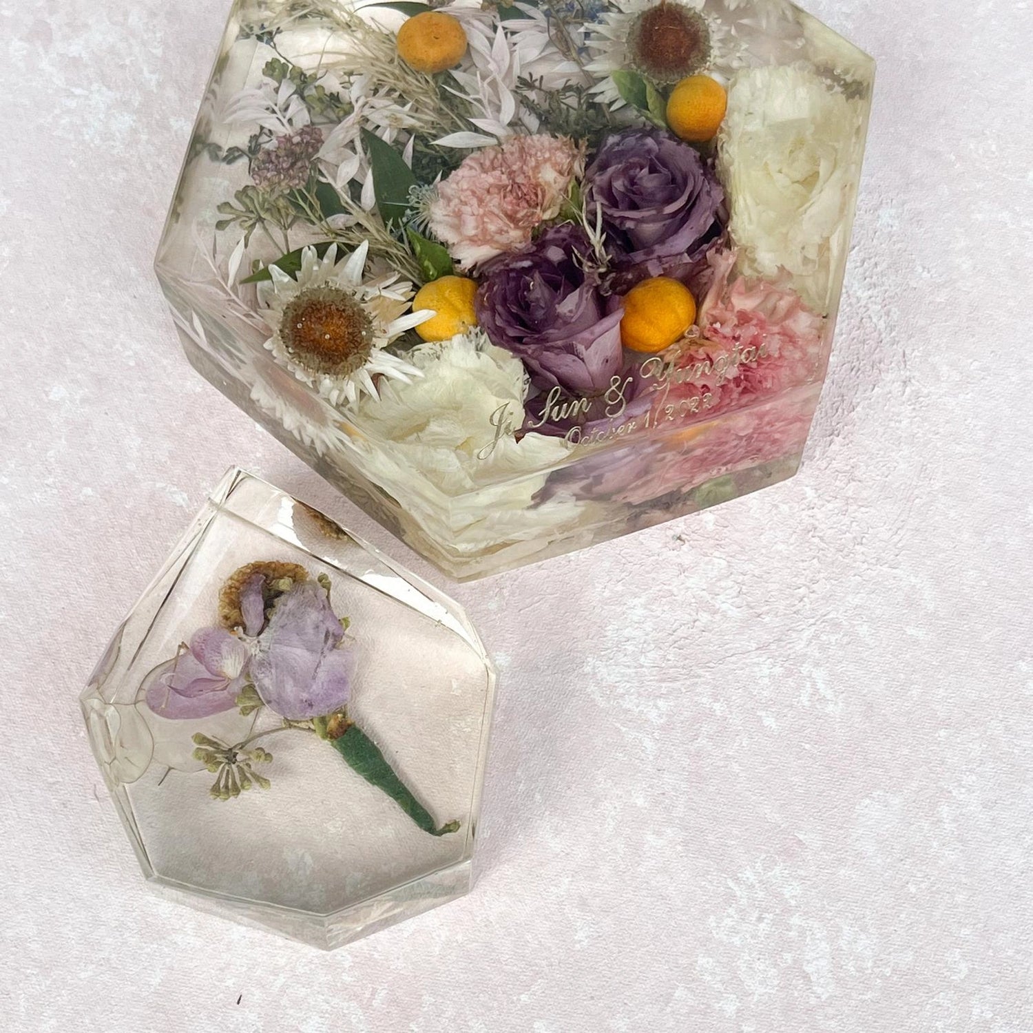 Multifaceted Resin Floral Preservation Block featuring a custom wedding bouquet preserved in crystal-clear resin for home decor.