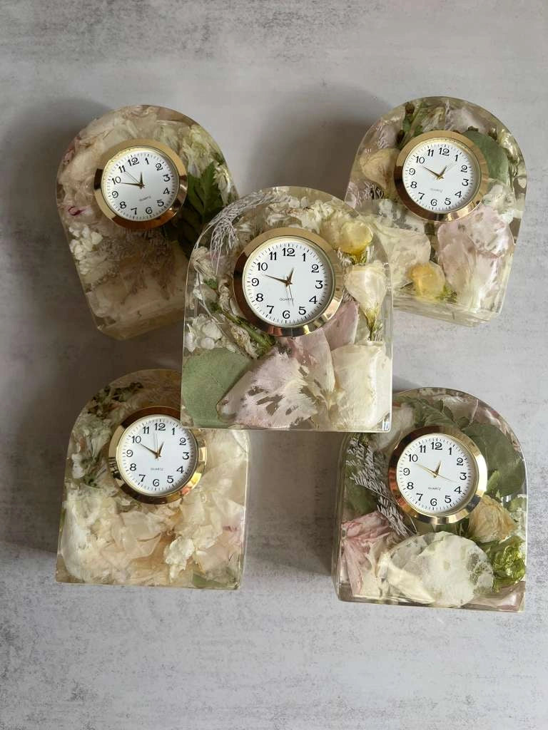 Resin Floral Preservation Arch Clock functioning as a functional timepiece with custom preserved wedding flowers.