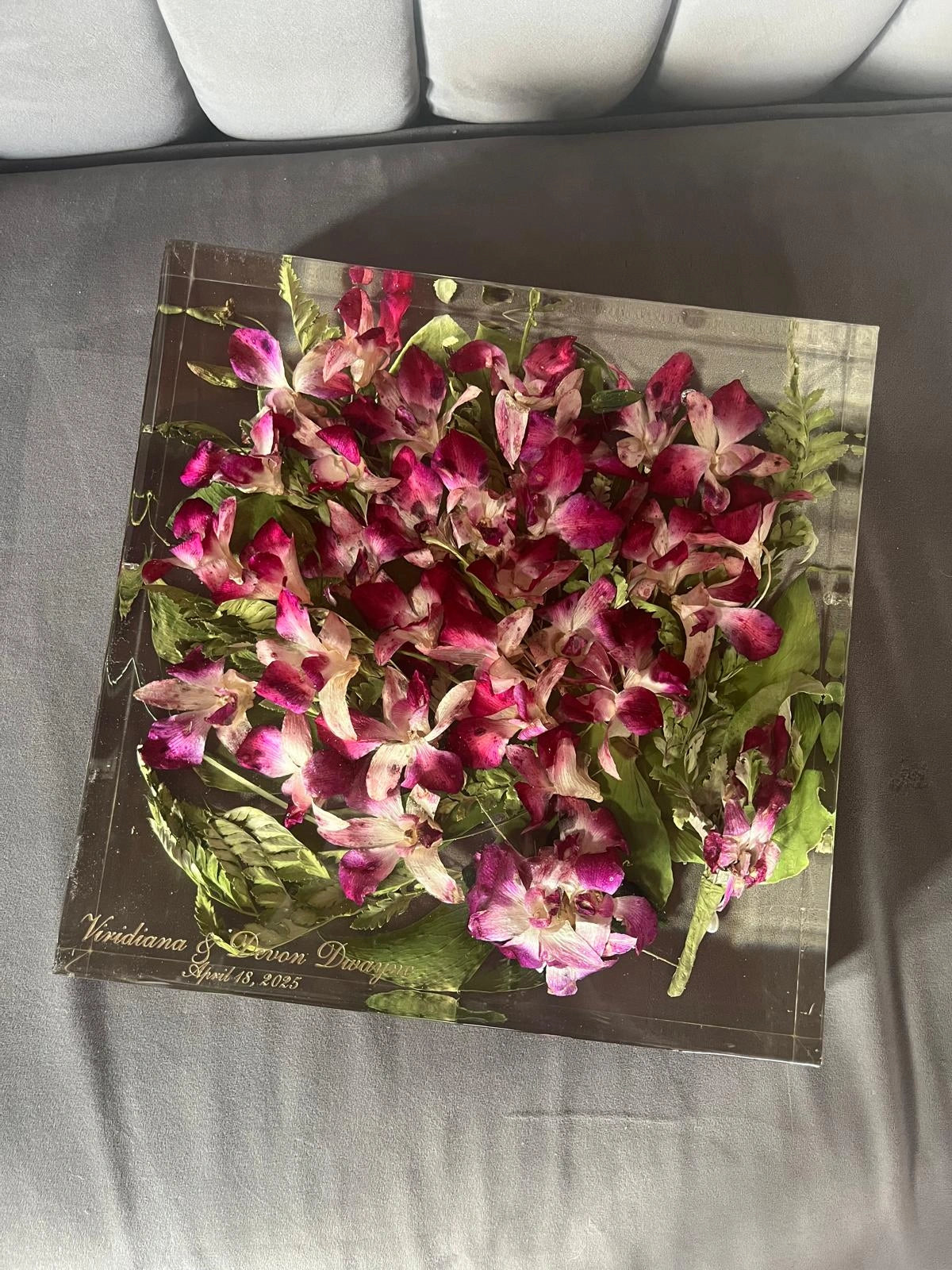Classic Square Resin Floral Preservation Block capturing a lush wedding bouquet in crystal clear resin.