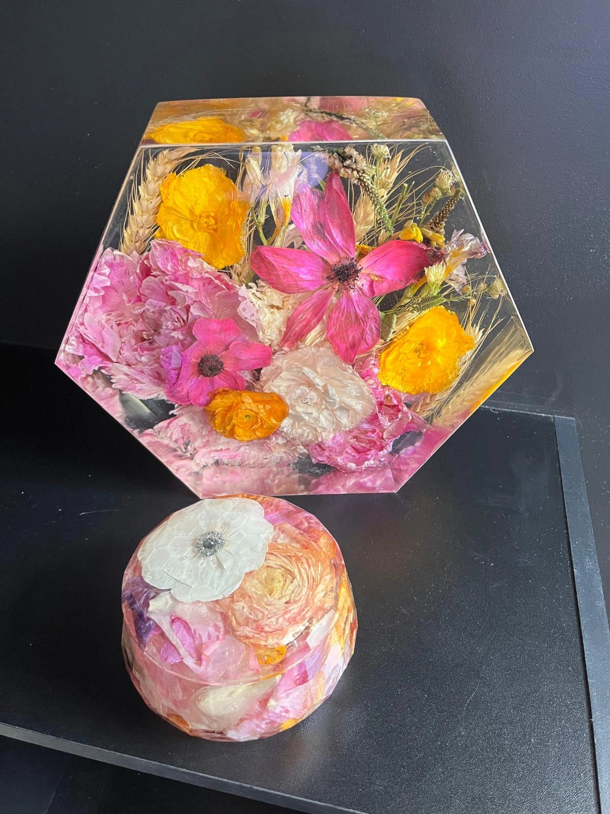 Geometric Hexagon Resin Floral Preservation Block displaying a vibrant custom wedding bouquet from all angles.