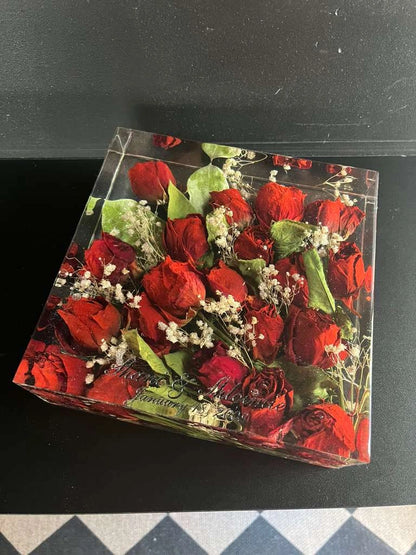 Classic Square Resin Floral Preservation Block capturing a lush wedding bouquet in crystal clear resin.