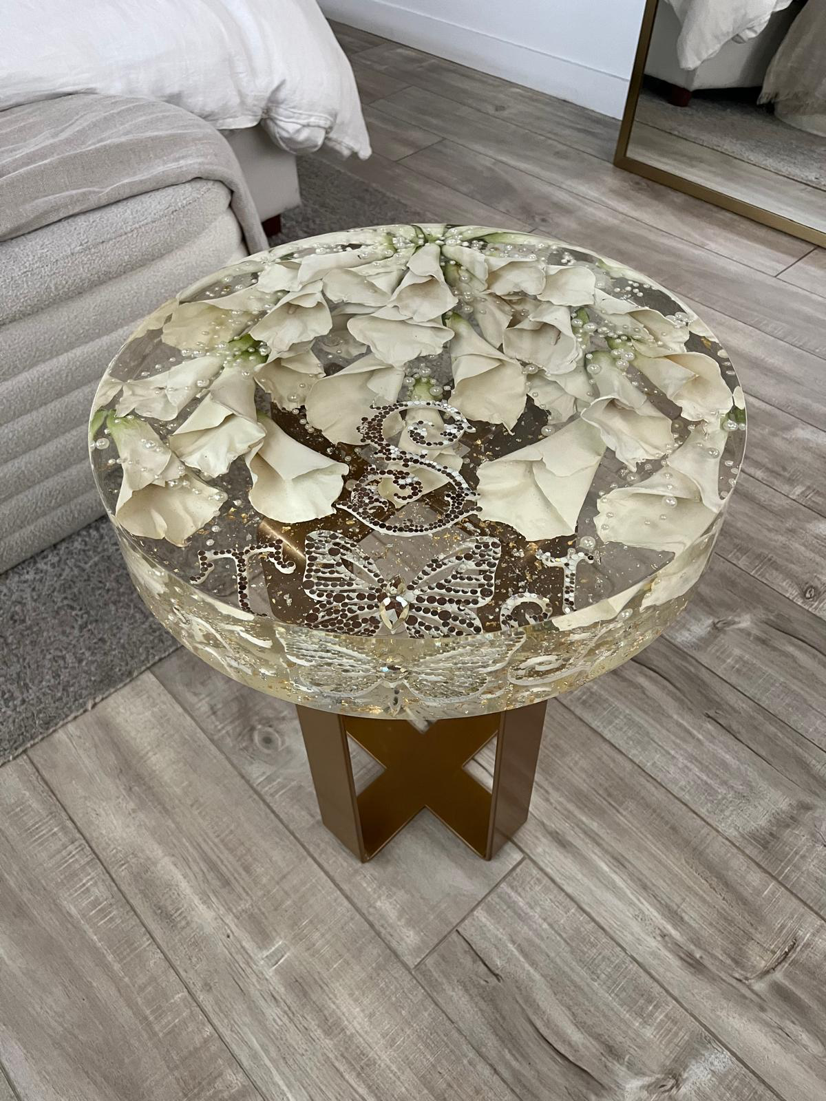Resin Floral Preservation Side Table with metal legs showcasing custom preserved wedding flowers for living room decor.