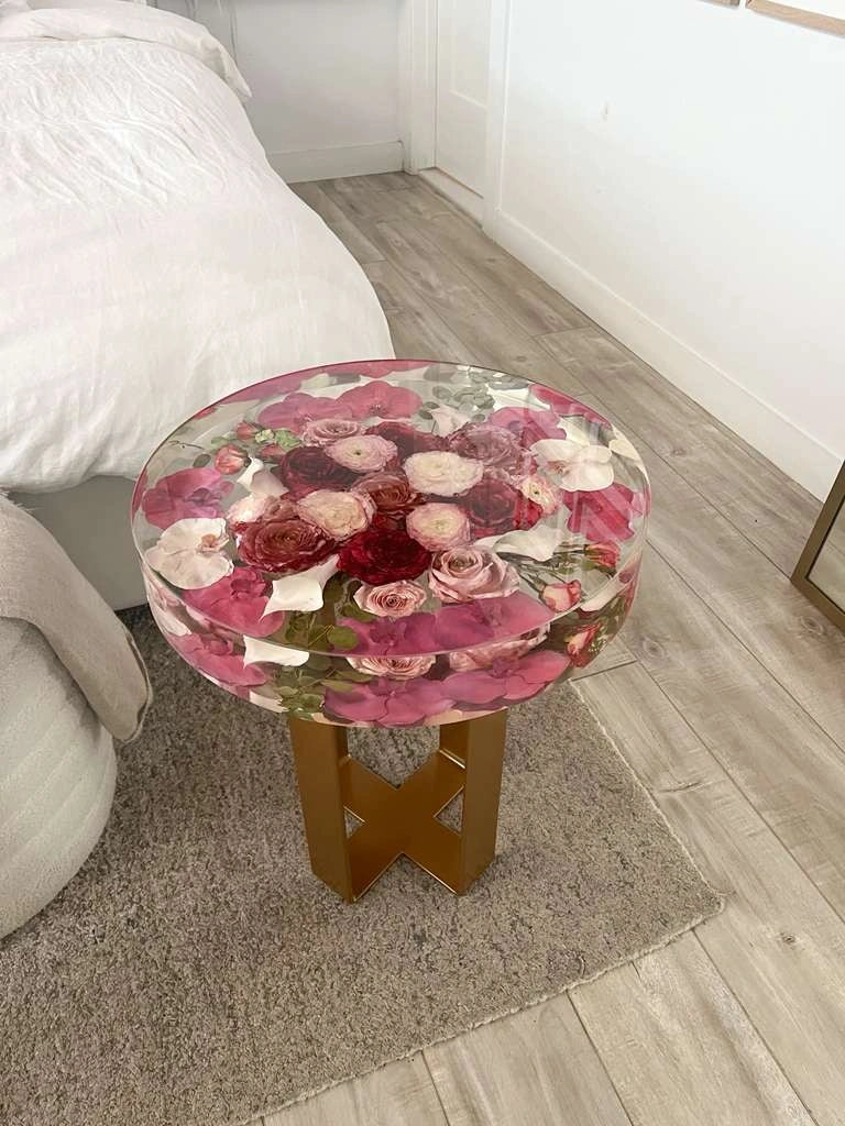 Resin Floral Preservation Side Table with metal legs showcasing custom preserved wedding flowers for living room decor.