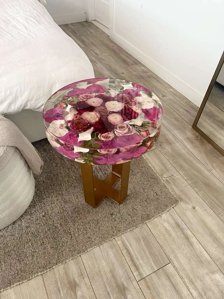 Resin Floral Preservation Side Table with metal legs showcasing custom preserved wedding flowers for living room decor.