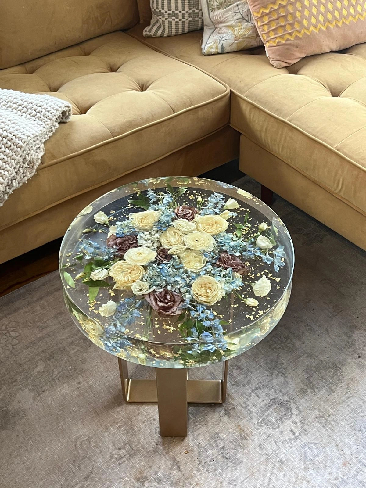Resin Floral Preservation Side Table with metal legs showcasing custom preserved wedding flowers for living room decor.