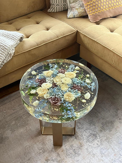 Resin Floral Preservation Side Table with metal legs showcasing custom preserved wedding flowers for living room decor.