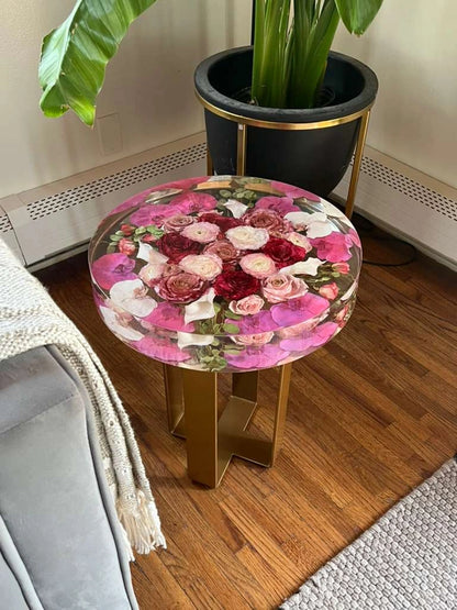 Resin Floral Preservation Side Table with metal legs showcasing custom preserved wedding flowers for living room decor.