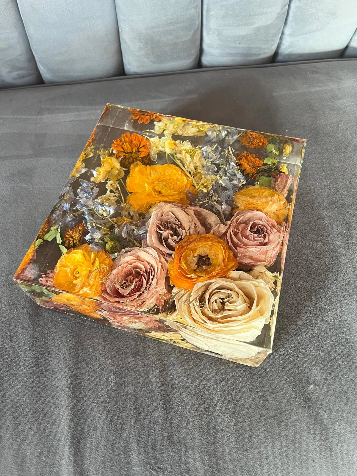 Classic Square Resin Floral Preservation Block capturing a lush wedding bouquet in crystal clear resin.