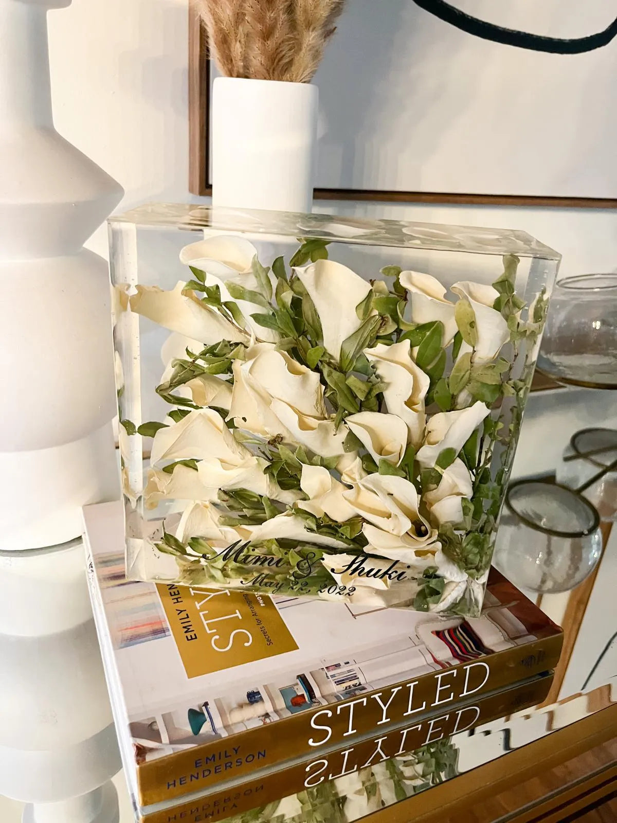 Classic Square Resin Floral Preservation Block capturing a lush wedding bouquet in crystal clear resin.