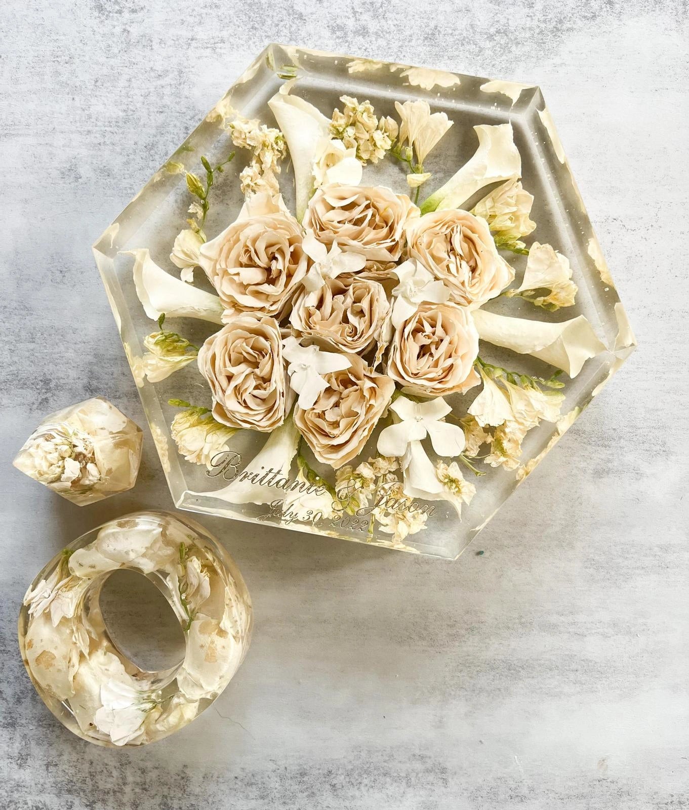 Geometric Hexagon Resin Floral Preservation Block displaying a vibrant custom wedding bouquet from all angles.