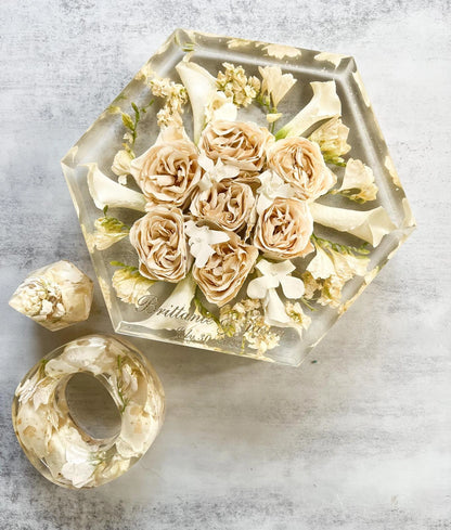 Geometric Hexagon Resin Floral Preservation Block displaying a vibrant custom wedding bouquet from all angles.