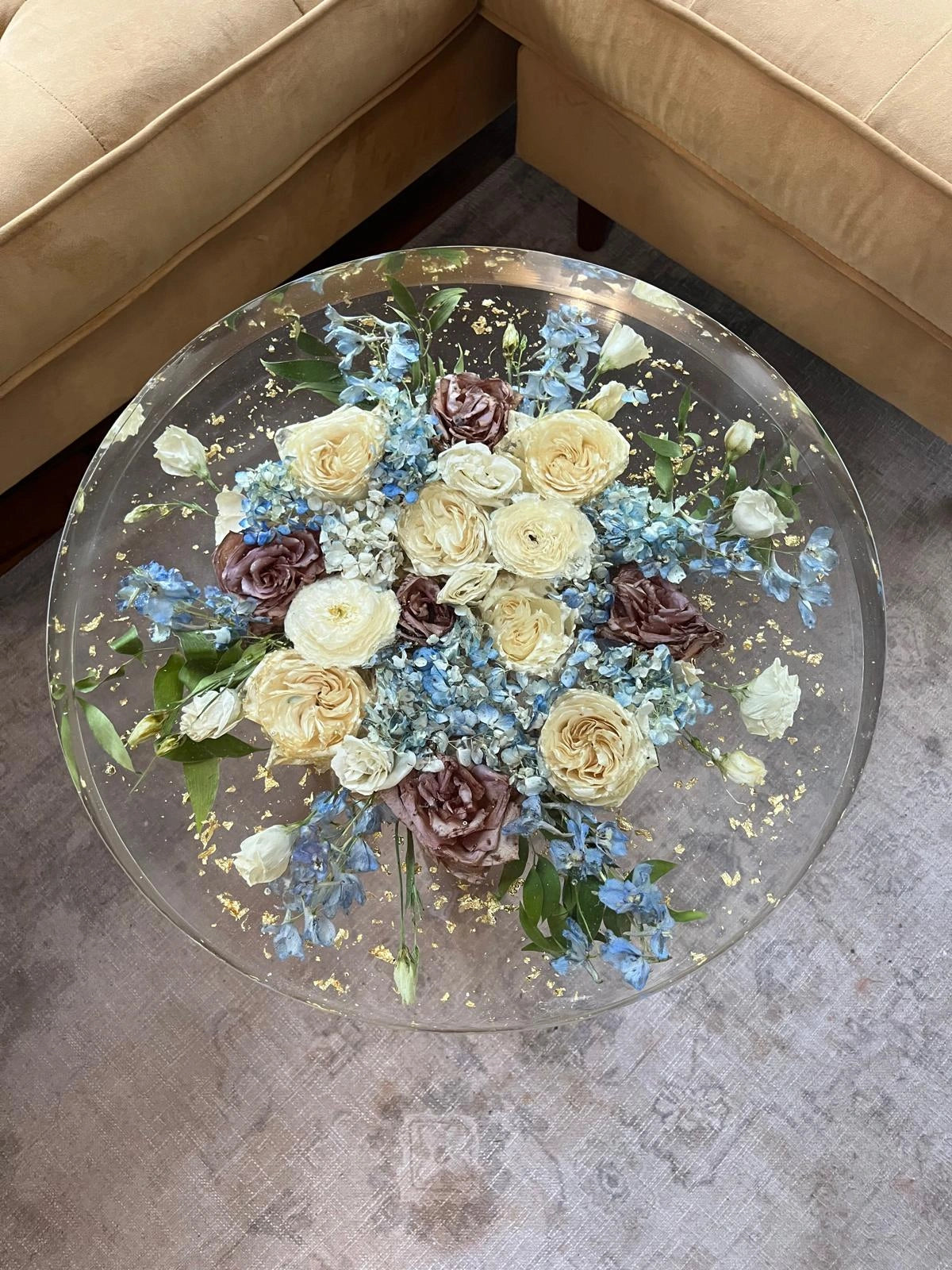 Resin Floral Preservation Side Table with metal legs showcasing custom preserved wedding flowers for living room decor.