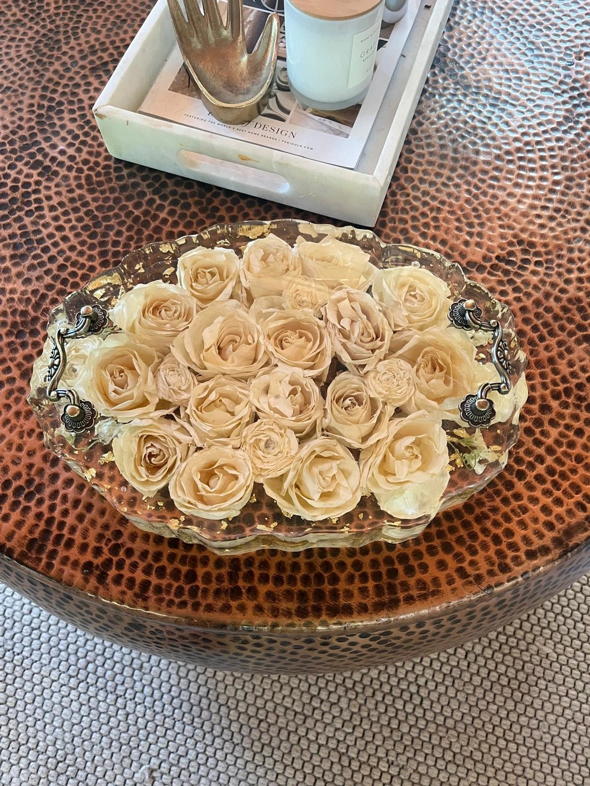 Resin Floral Preservation Display Tray with handles showing preserved wedding bouquet fragments for coffee table styling.