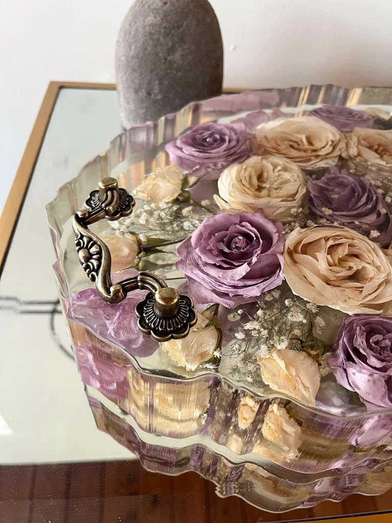 Resin Floral Preservation Display Tray with handles showing preserved wedding bouquet fragments for coffee table styling.