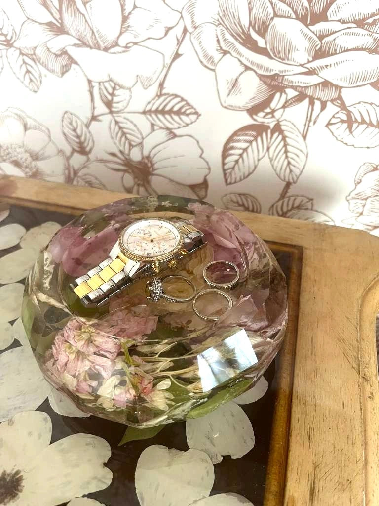Resin Floral Preservation Trinket Dish holding small jewelry items with custom wedding bouquet fragments.