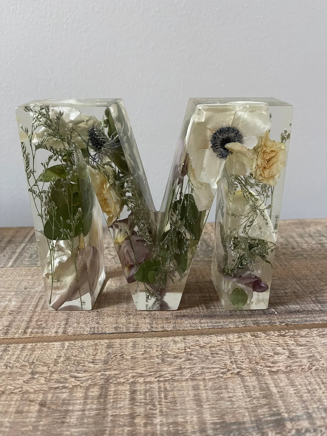 Custom Resin Floral Preservation Letter displaying wedding flowers in a personalized monogram shape.