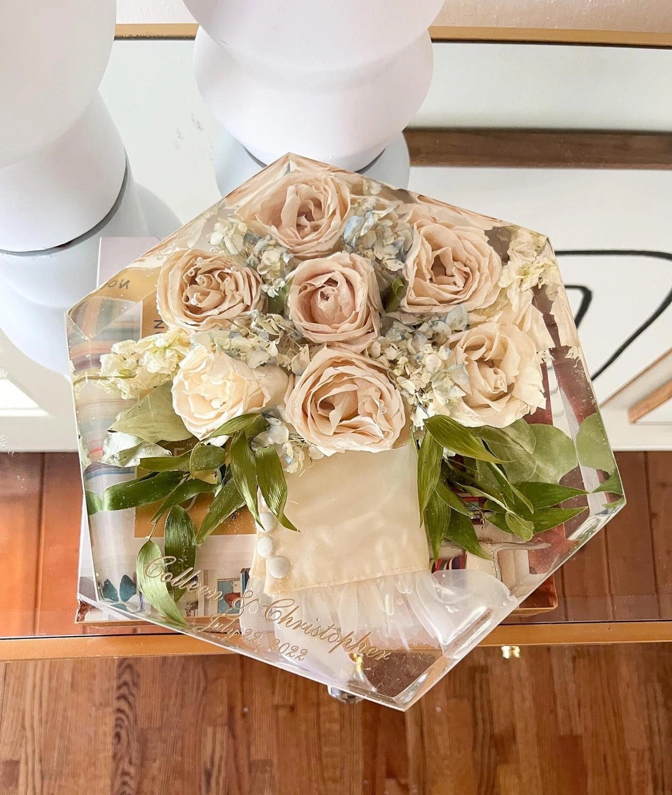 Geometric Hexagon Resin Floral Preservation Block displaying a vibrant custom wedding bouquet from all angles.
