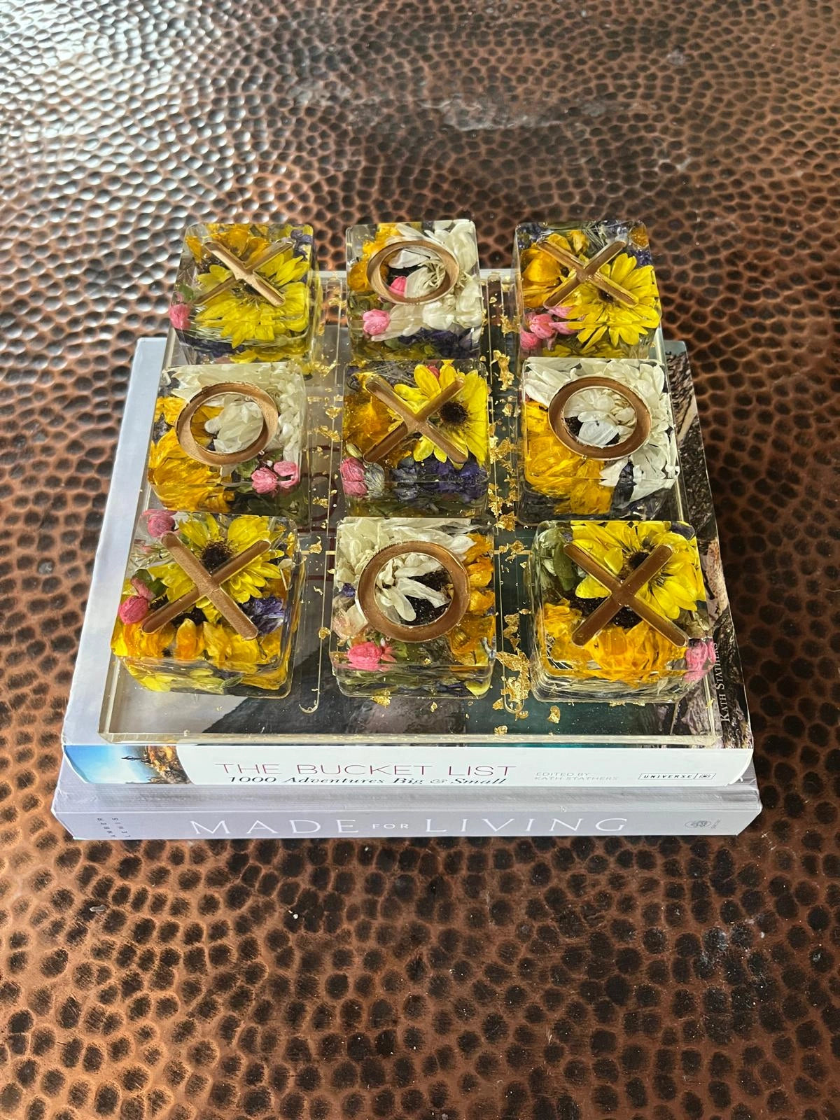 Resin Floral Preservation Tic-Tac-Toe Set featuring real wedding flowers embedded in a functional game board.