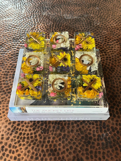 Resin Floral Preservation Tic-Tac-Toe Set featuring real wedding flowers embedded in a functional game board.